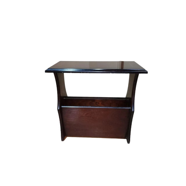 Lovely English rosewood mid century magazine rack / side table. Inlay design, double sided holders, in excellent condition.