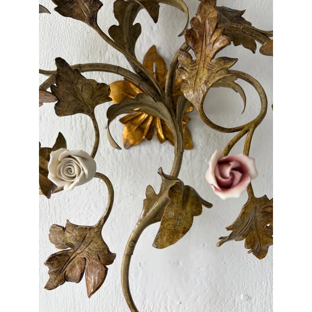 1900 - 1909 Big Wrought Iron Sconces 3 Lights Roses in Pink & White, C 1900 For Sale - Image 5 of 9