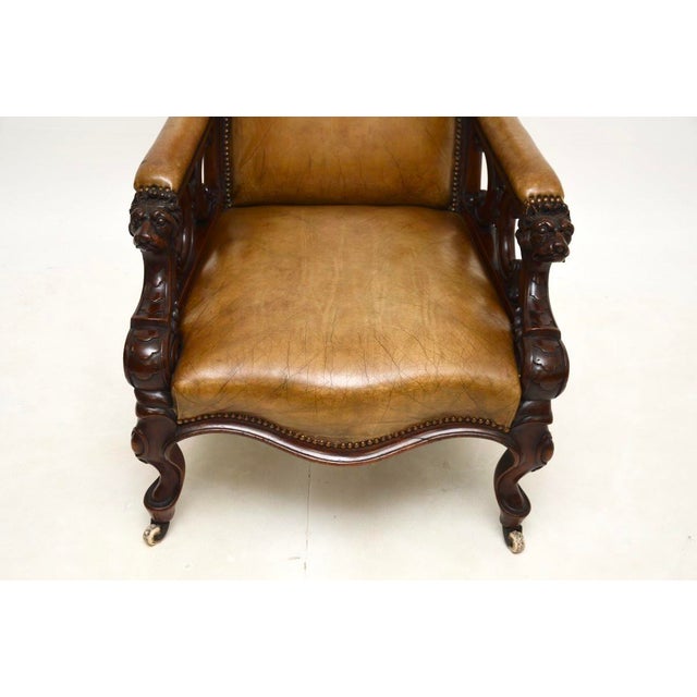 Wood Antique Victorian Carved Leather Chair, 1850 For Sale - Image 7 of 13