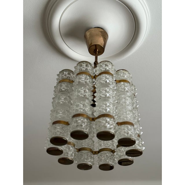 Small Crystal & Brass Cylinder Chandelier by Orrefors for Tyringe, Sweden, 1960s For Sale - Image 4 of 10