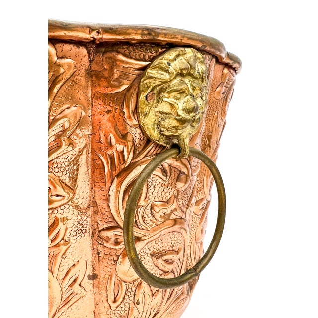 Vintage Embossed Copper Planter / Cachepot With Lion Head Ring Handles & Paw Feet - English / French Country / Rustic European For Sale - Image 11 of 13