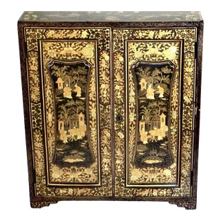 19th Century Chinese Export Table Top Black Lacquer Jewelry/Valuables Cabinet For Sale