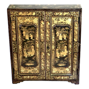 19th Century Chinese Export Table Top Black Lacquer Jewelry/Valuables Cabinet