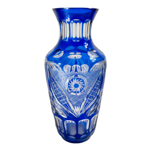 Mid-Century Bohemian Czech Blue Cut to Clear Cameo Glass Vase