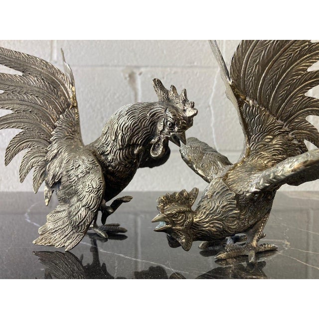 Set of 2 Vintage Silver Fighting Roosters For Sale - Image 4 of 6