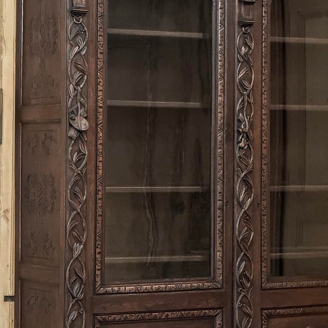 Wood 19th Century Renaissance Revival Hand-Carved Oak Triple Bookcase For Sale - Image 7 of 18