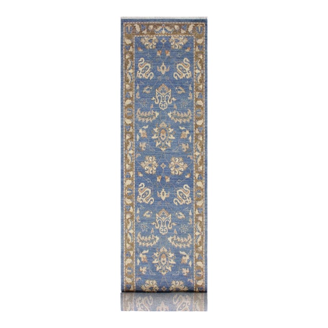 Shabby Chic Ziegler Blue/Brown Wool Runner Rug- 2'7'' X 12'2'' For Sale
