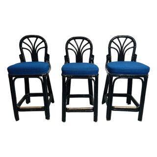 1970s Vintage Rattan Counter Stools Trio Blue Seats Fan Back For Sale