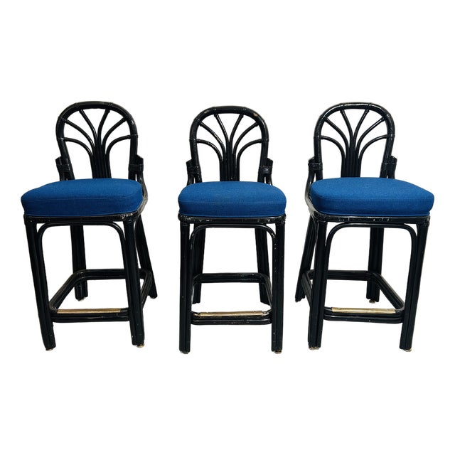 1970s Vintage Rattan Counter Stools Trio Blue Seats Fan Back For Sale