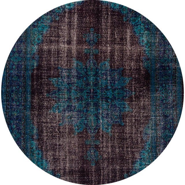 Beautiful vintage Overdyed rug, hand-knotted wool with a blue field, subtle burgundy accents in a distressed center...