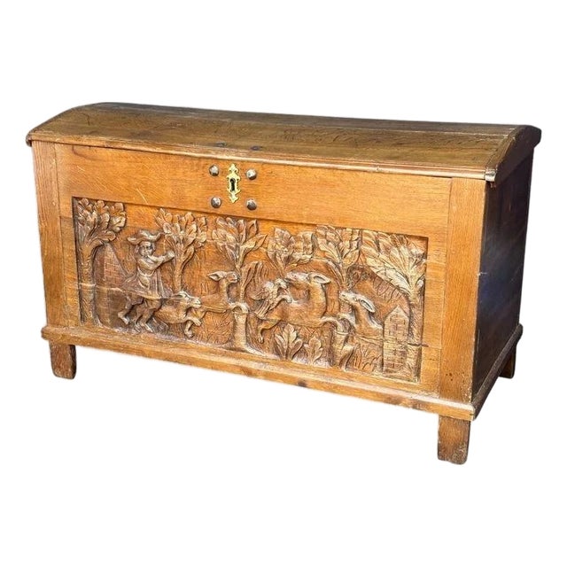 Carved Oak Hunt-Scene Storage Trunk, Estimated Early 1900s For Sale