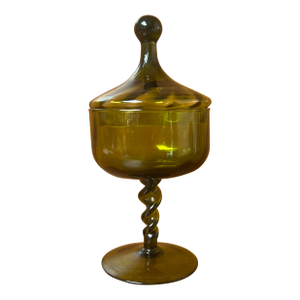 Vintage Olive Green Hand Blown Empoli Compote