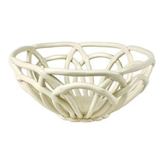 Vintage Italian Arts & Crafts Boho Chic Handcrafted Open Weave Studio Pottery Serving Bowl, Ivory For Sale