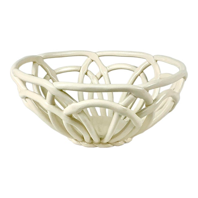 Vintage Italian Arts & Crafts Boho Chic Handcrafted Open Weave Studio Pottery Serving Bowl, Ivory For Sale