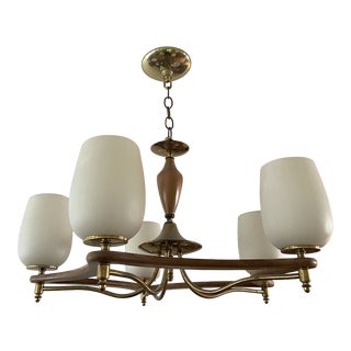 1960s Original Mid Century Brass & Walnut Glass Shade Chandelier For Sale