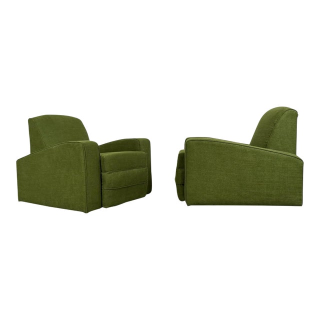 Pair Art Deco Club Chairs - France Circa 1930s - Green Velvet Speed Armchairs For Sale