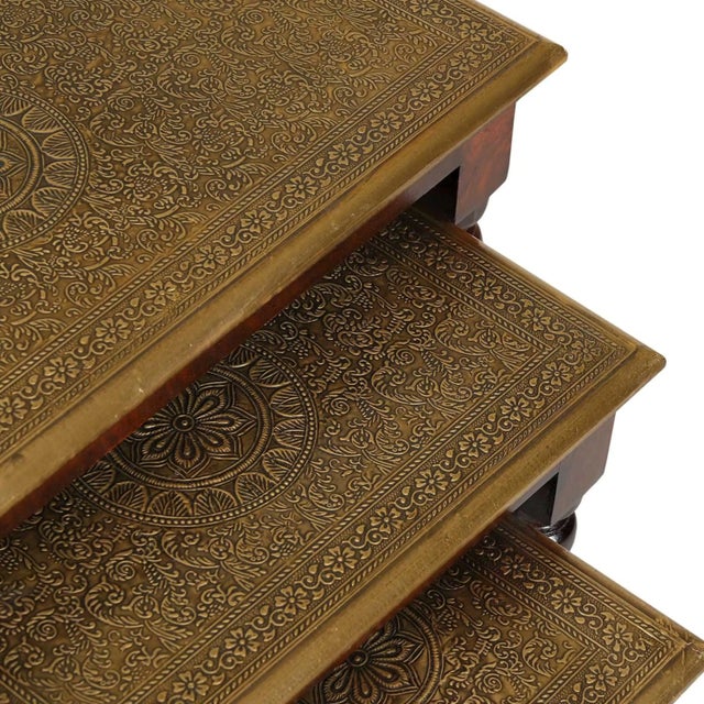 Art Deco 1970s Hand Hammered Brass Nesting Tables Set of 3 | Solid Wood Side Tables With Gold Top | Indian Accent Furniture | Living Room End Tables For Sale - Image 3 of 3