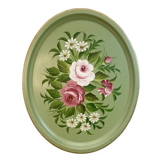 1950s Vintage English Botanical Tole Hand Painted Oval Tray, Large Scale. For Sale