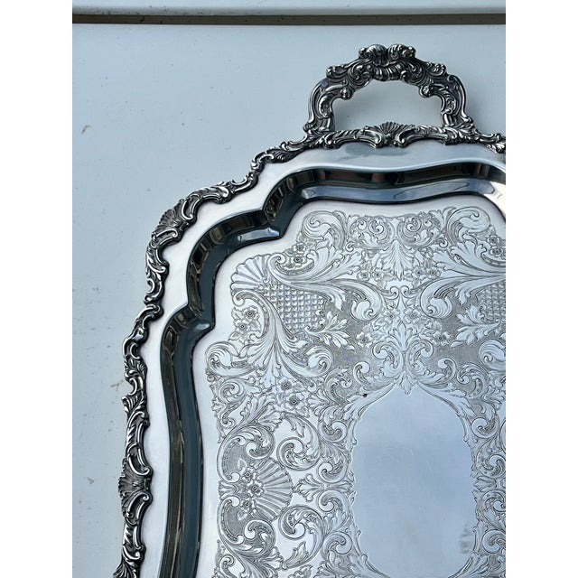 Vintage Oversized Footed Silverplate Butler Waiter Tray With Handles 30.5” Palm Beach Regency Tea Service Bar Tray For Sale - Image 9 of 10