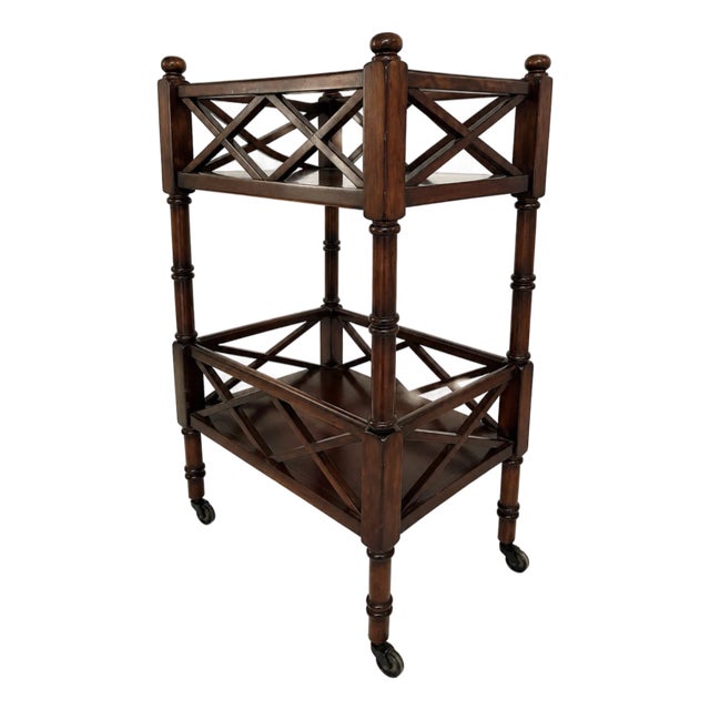 Traditional Two-Tier Plantation Cherry Side Table With Casters & Fretwork Detail For Sale