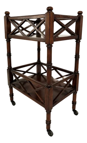 Traditional Two-Tier Plantation Cherry Side Table With Casters & Fretwork Detail
