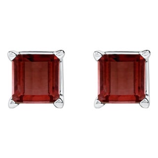 14K White Gold 5x5MM Princess Cut Red Garnet Solitaire Stud Earrings For Sale