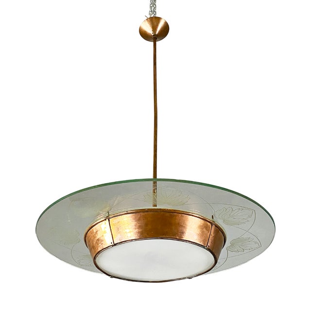 Mid-Century Modern Italian Glass Pendant with Copper Decoration, 1940s For Sale