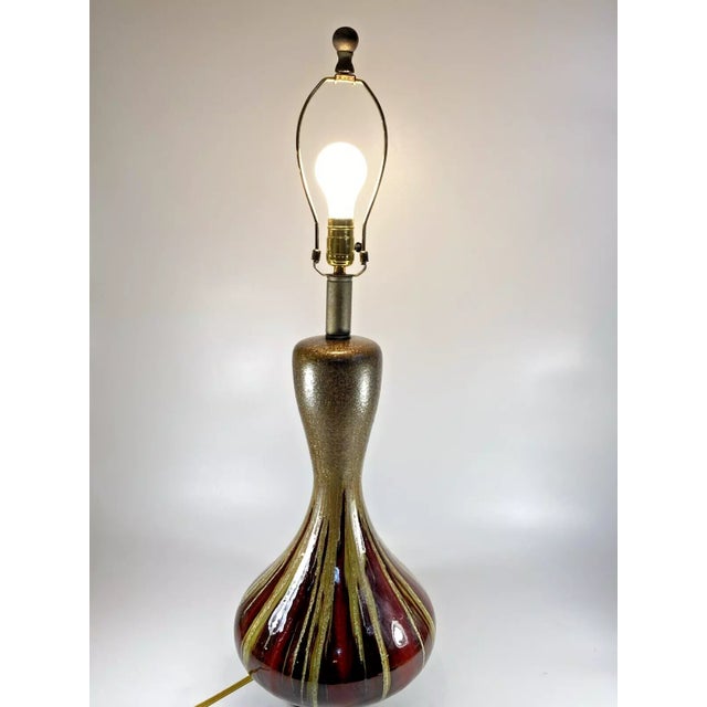 Vintage Mid Century Modern Drip Glaze Brown Chartreuse Gold Flecks Works 33x10in Beautiful Mid Century Pottery Lamp Has...