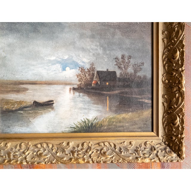 19th Century Continental European Moonlit Nocturne Landscape Painting For Sale In New York - Image 6 of 12