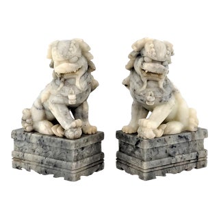 Vintage Pair of Chinese Soapstone Foo Dog Table Sculptures - Asian Mid 20th Century Chinoiserie For Sale