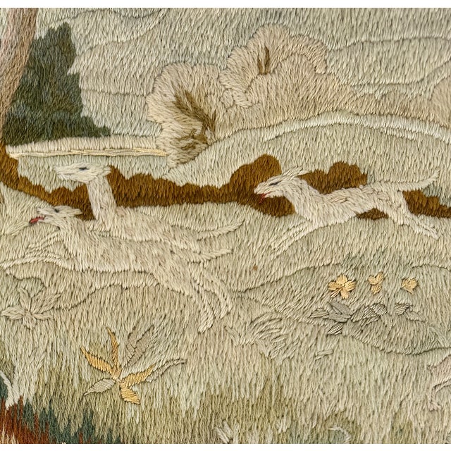 Victorian Antique English Pastoral Woolwork Embroidery With Stag, Hounds and Rabbit, 19th Century For Sale - Image 3 of 18