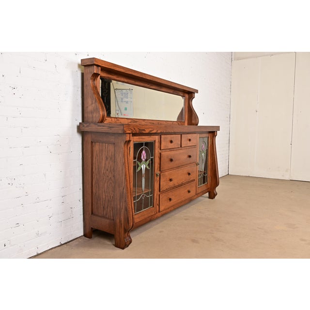 Charles Limbert Antique Arts & Crafts Carved Oak Sideboard or Bar Cabinet With Stained Glass Doors, Newly Refinished For Sale - Image 4 of 15