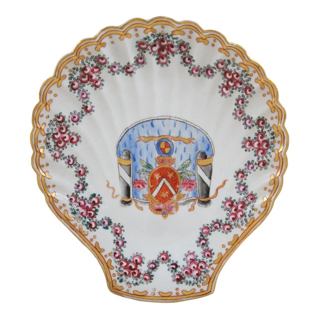 Mid 20th Century Edme Samson French Porcelain Armorial Scalloped Shell Dish For Sale