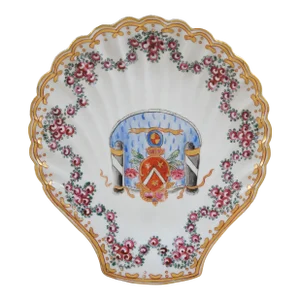 Mid 20th Century Edme Samson French Porcelain Armorial Scalloped Shell Dish