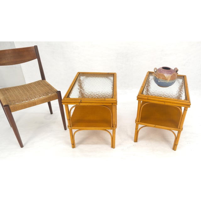 Pair c1970s Bamboo Rattan Two Tier Rippled Glass Top Rectangle End Side Tables For Sale - Image 13 of 14