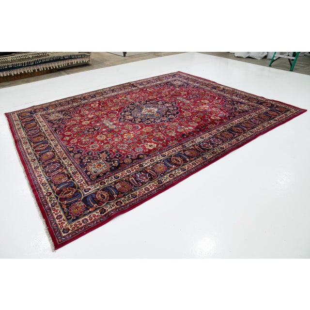 Persian Vintage Mashad Wool Rug Handmade in Red With Rosette Motif From the 1940s For Sale - Image 3 of 10