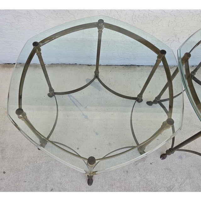 Brass Vintage Labarge Side Tables Brass Glass Hoof Footed Octagonal Pair For Sale - Image 8 of 12