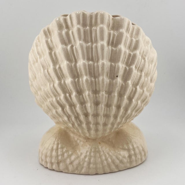 Ceramic Vintage Japanese Shell Ceramic Vase or Planter in Ivory Crackle Glaze For Sale - Image 7 of 9