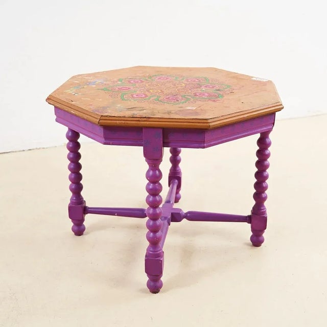 Vintage Wooden Table with Floral Decoration For Sale - Image 4 of 5