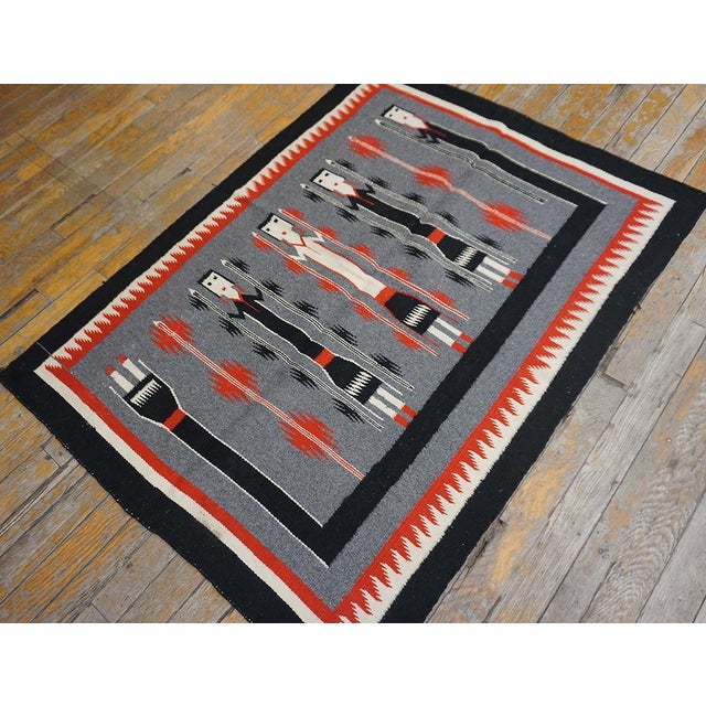 1940s Gray Tribal Geometric Vintage American Navajo Yei Rug 2'10" × 3'10" Flatweave Wool Carpet For Sale - Image 13 of 18