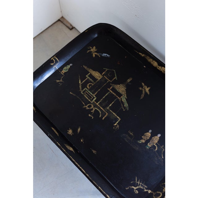 Ebonized Chinoiserie Coffee Table With Hand Painted Tole Top For Sale - Image 4 of 9