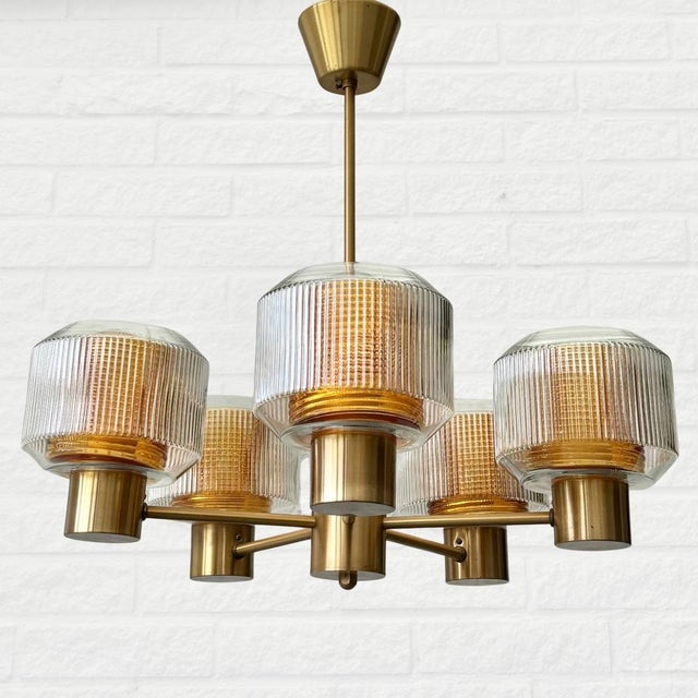 Mid-Century Modern Scandinavian Modern Chandelier in Glass and Brass, 1960s For Sale - Image 3 of 14