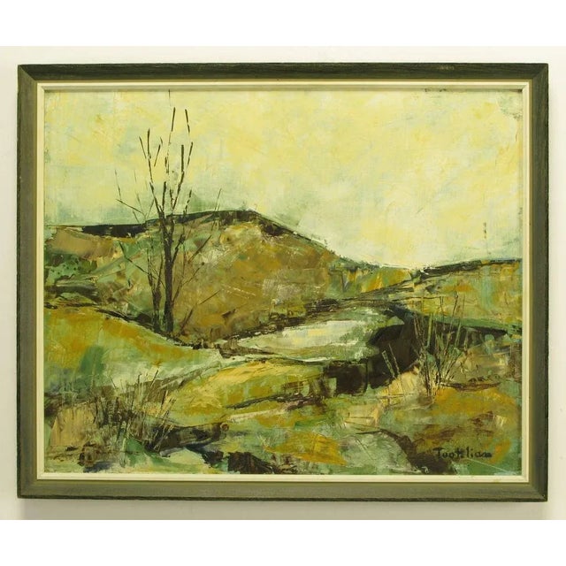 Impressionist oil on canvass of a stark, rocky landscape in browns, teal, gold and blue. Signed Tootelian. Stamped "NAL...