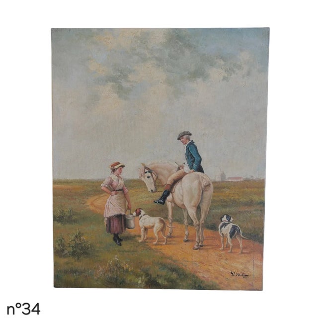 Oil on canvas depicting a pastoral scene with a mounted rider conversing with a standing female figure along a rural path,...