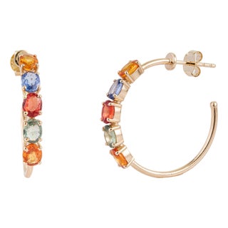 Natural Oval Cut 4.07ct Rainbow Sapphire Half Hoop Earrings in 14k Yellow Gold- A Pair For Sale