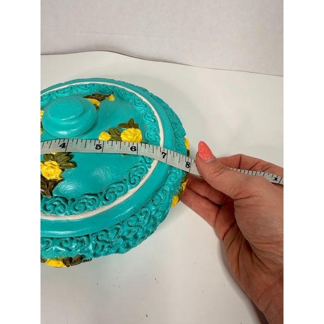 1990s Vintage Style Turquoise Blue Round Trinket Box With Yellow Raised Floral Relief Florentine Plaster For Sale - Image 5 of 9