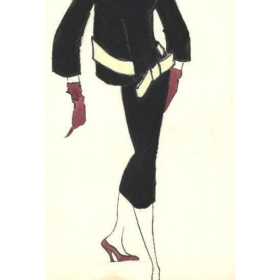 1950 Mid-Century Original French Fashion Drawing in Gouache For Sale - Image 4 of 4