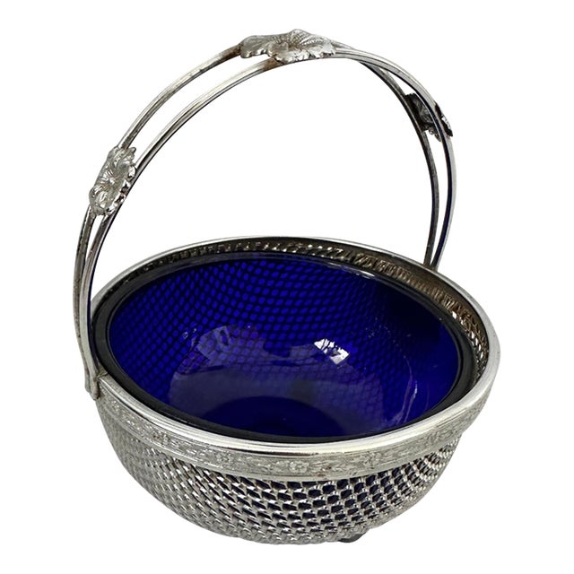 Vintage Cobalt Blue Preserve Bowl W/Chrome Basket For Sale