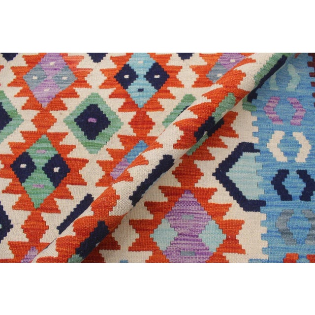 Textile 1990s Shabby Chic Kilim Beige Blue Wool Rug - 6'8" X 9'5" For Sale - Image 7 of 7