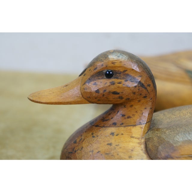 Mid 20th Century Chinese Hand-Carved Wood Mallard Drake and Hen Duck Decoys Pair 10" For Sale - Image 9 of 14
